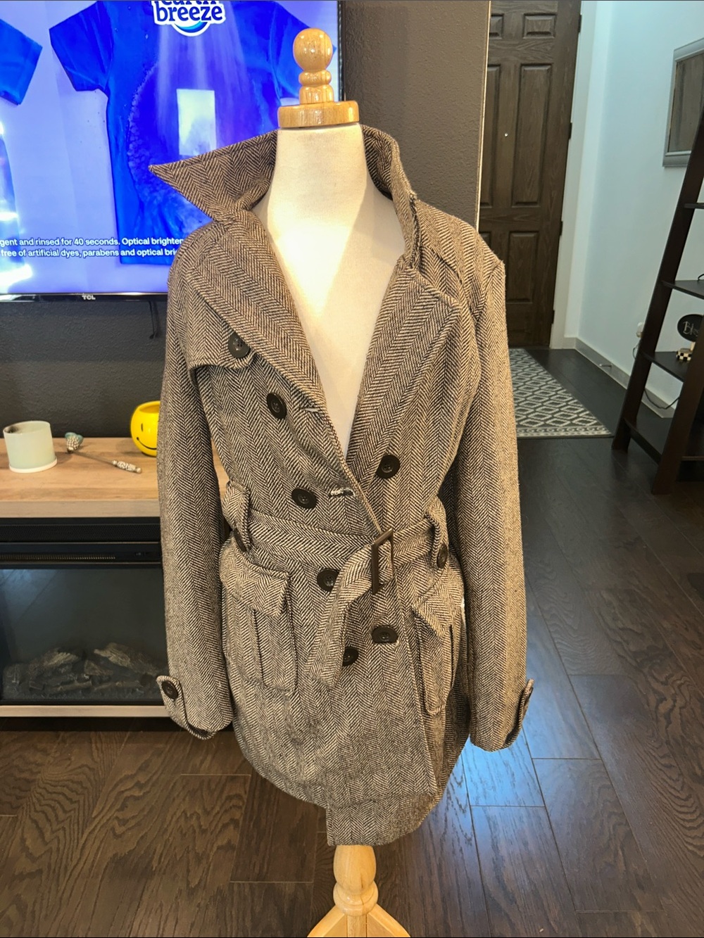 Max Rave Taupe Herringbone Double-Breasted Trench Coat